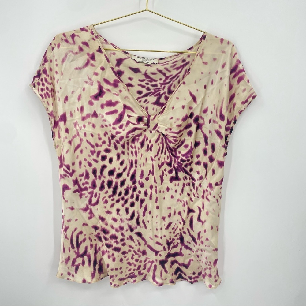 Marina Rinaldi 100% Silk blouse purple top short sleeve animal print 23 14
